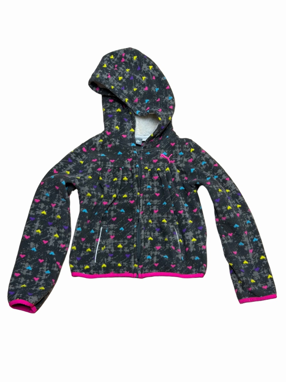 Puma Girls Size 5 Fleece Hooded Jacket Gray Multicolor Hearts Sherpa Lined